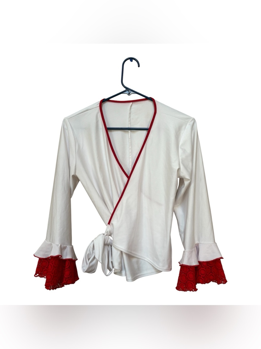 White Red Lace Bell Sleeve Wrap Top Coquette Romantic Blouse